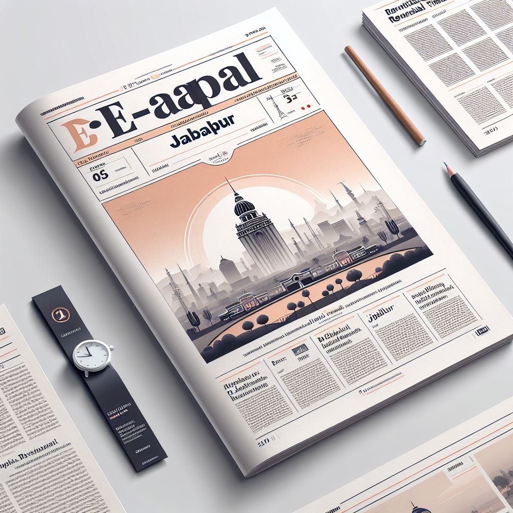 A modern and professional digital newspaper cover design for 'ई-पेपर जबलपुर' (E-paper Jabalpur), fea