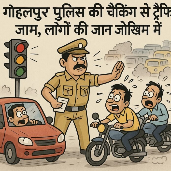 Main.. Is public life more important or challan! All.. Traffic jam due to forced checking by Gohalpur police at traffic signal, lives of pedestrians in danger