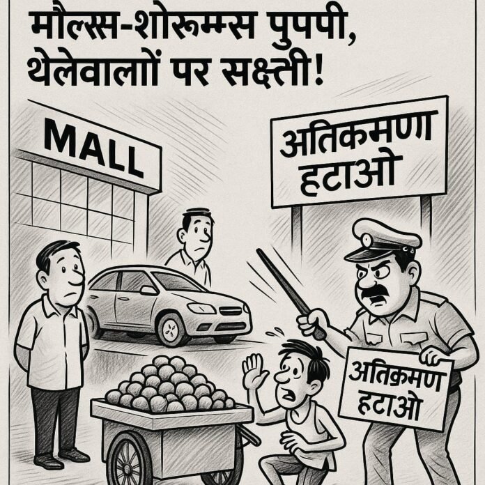 The whips of campaigns are reddening the backs of poor street vendors, but are soft on malls and showrooms